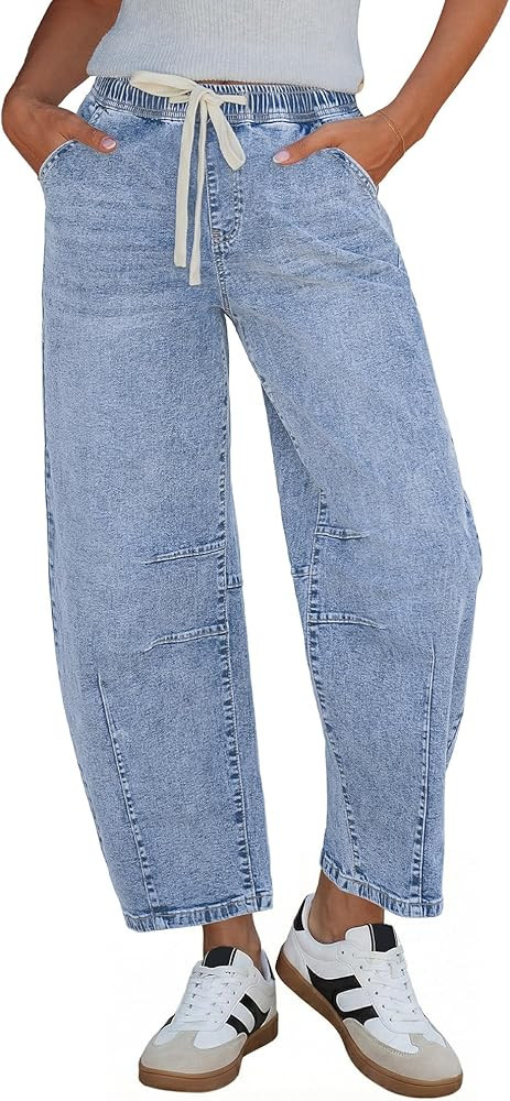 GRAPENT Barrel Jeans for Women Trendy High Waisted Cropped Baggy Wide Leg Pull On Elastic Waist S... | Amazon (US)