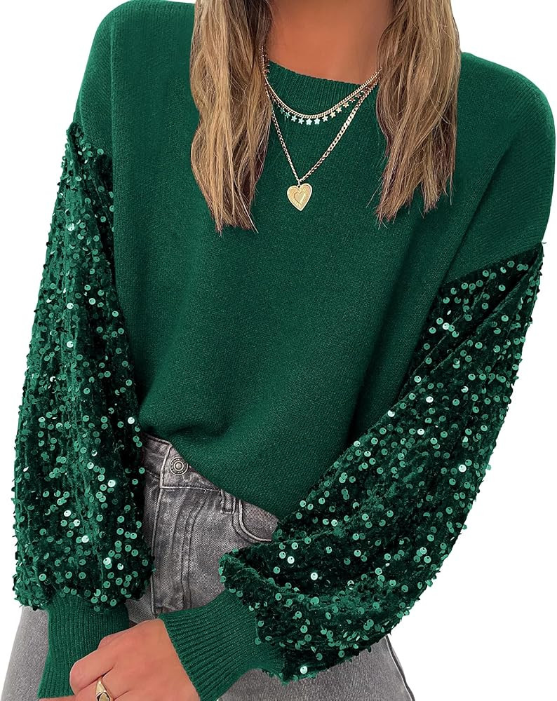 miduo Womens 2025 Fashion Crewneck Sequin Long Sleeve Casual Patchwork Sparkle Shimmer Pullovers ... | Amazon (US)