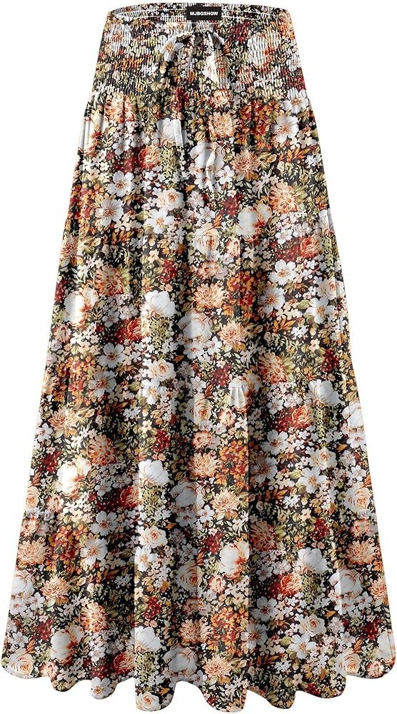 Womens Ruffle Maxi Skirts:High-Waist Elastic Pleated Long Skirt-Summer Casual Boho Flowy Skirts w... | Amazon (US)