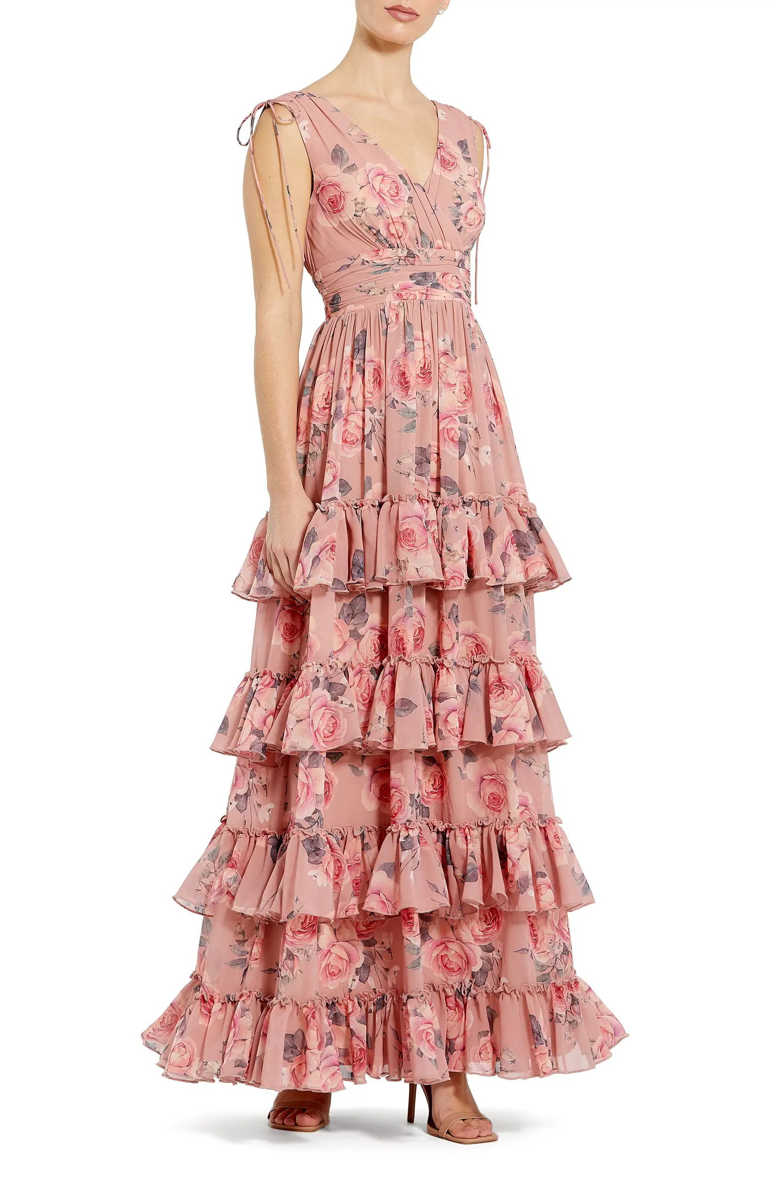 Drawstring Shoulder Floral Chiffon Tiered Gown | Nordstrom