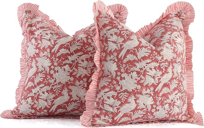 CPC Pink Coral Ruffle Throw Pillow Covers for Couch, 18x18 Inch Cotton Stripe Ruffle Couch Pillow... | Amazon (US)