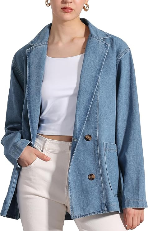 Allegra K Women's Denim Jacket Long Sleeve Button Down Pockets Casual Work Office Oversized Jean ... | Amazon (US)