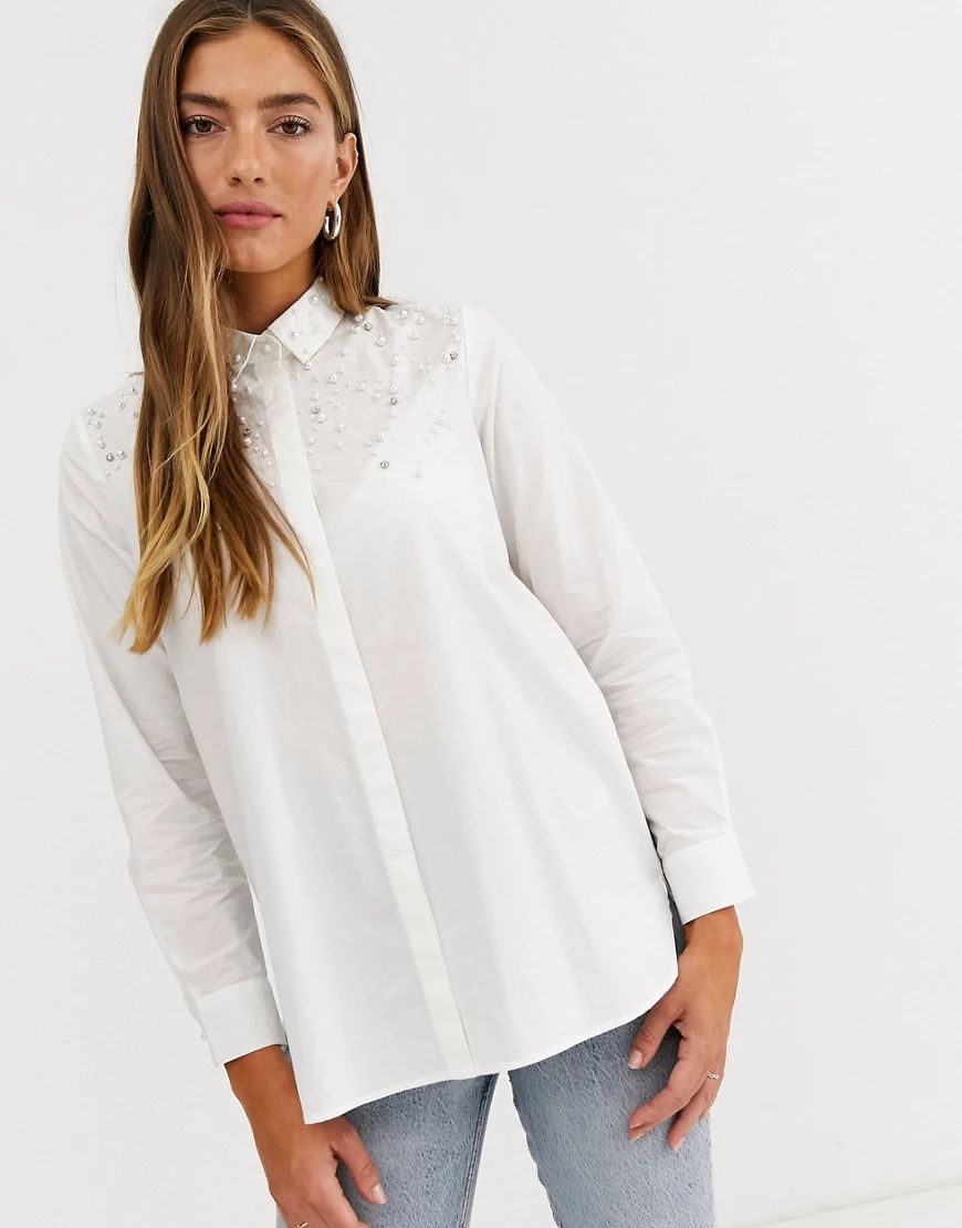 Stradivarius oversized shirt with pearl detail in white | ASOS (Global)