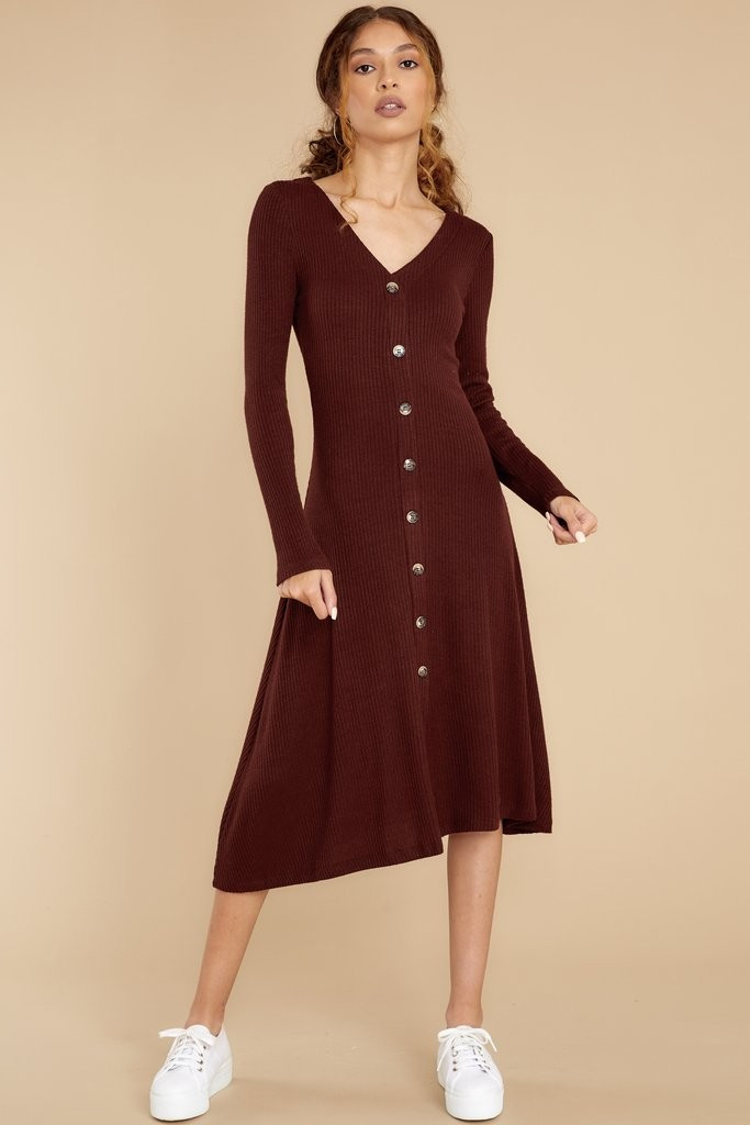 Keep It Uptown Chocolate Knit Midi Dress | Red Dress 