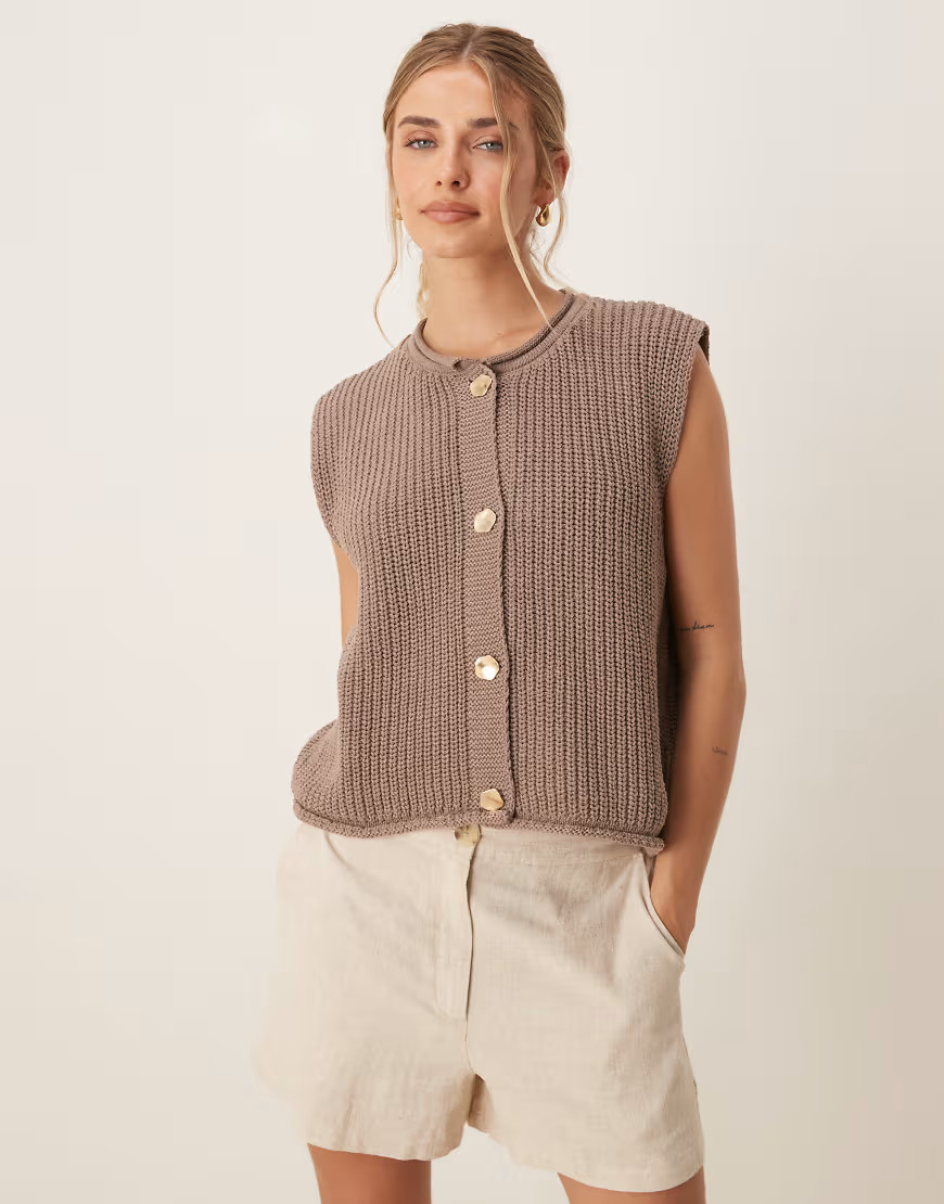 ASOS DESIGN knit boxy vest with gold buttons in mocha-Brown | ASOS (Global)