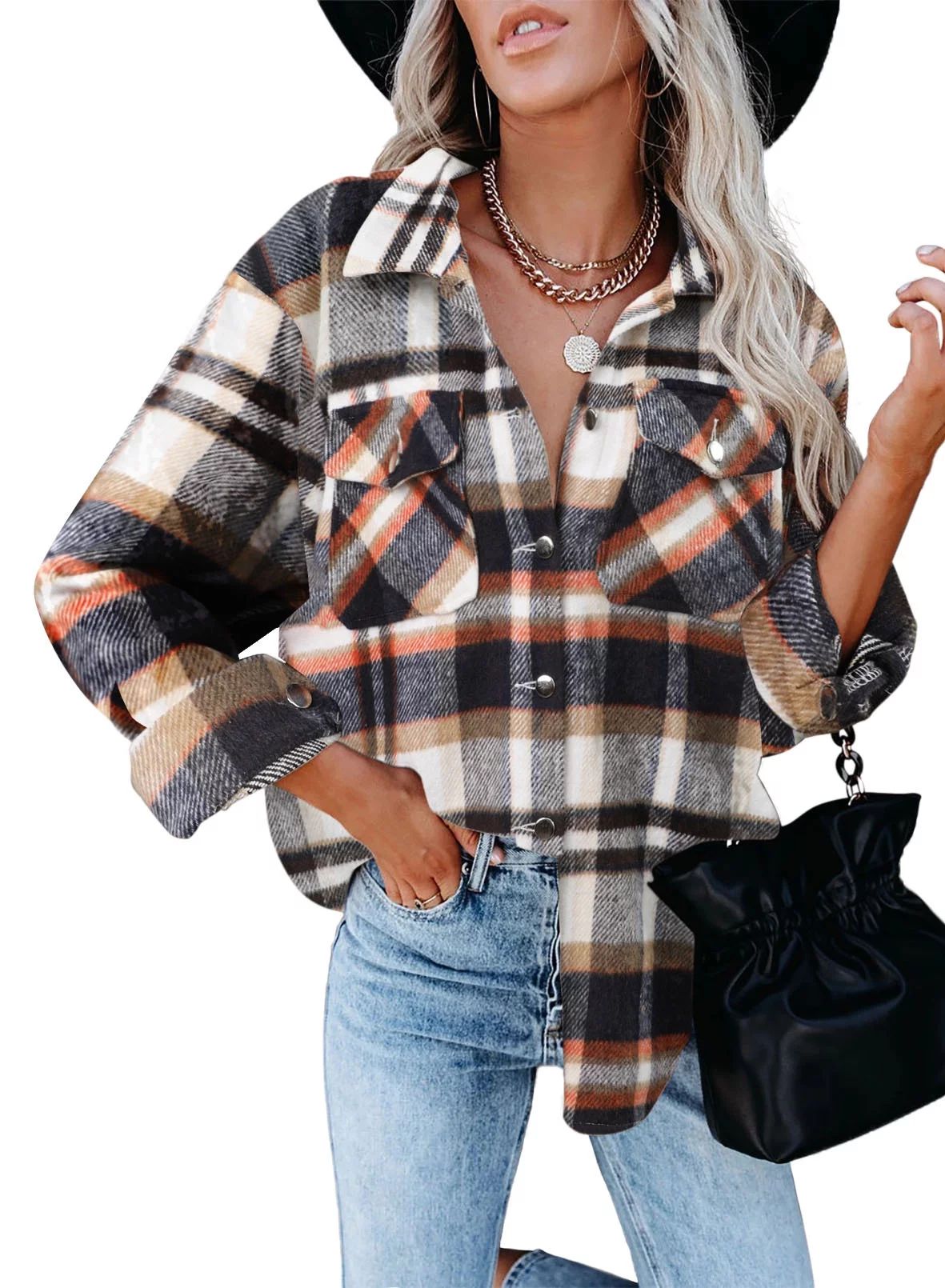 Dokotoo Womnen Plus Plaid Jacket Winter Shacket for Women Fashion Jackets Boyfriend Blouses Size ... | Walmart (US)