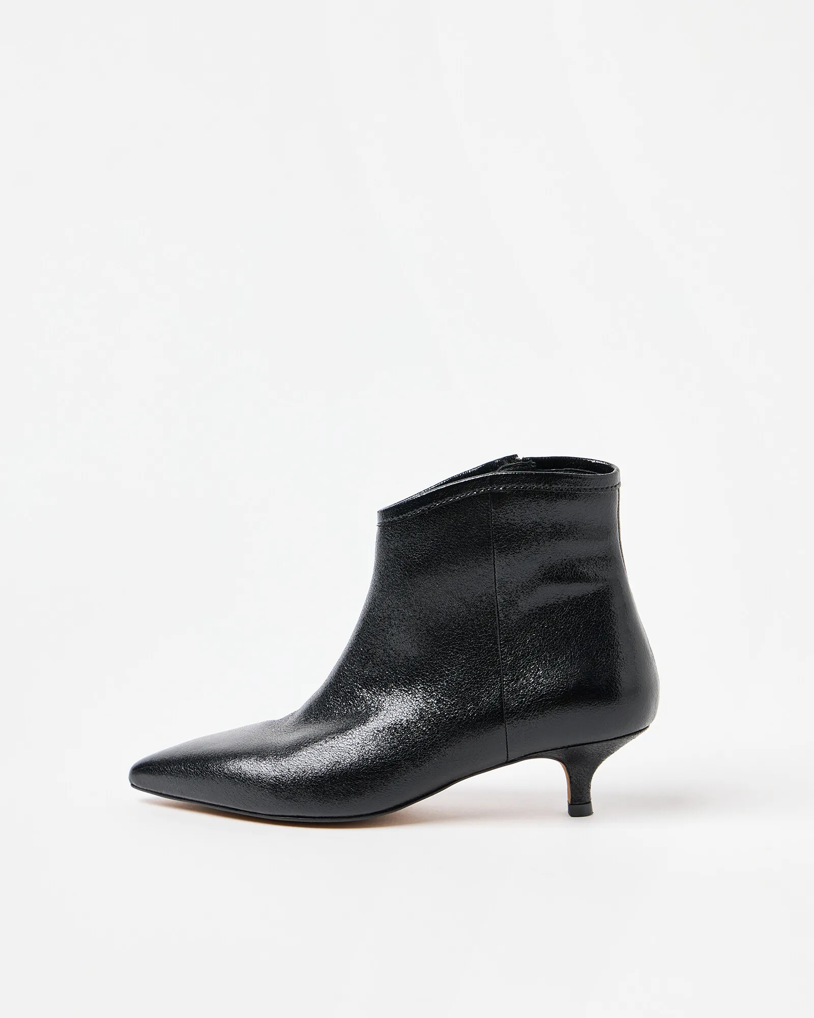 Metallic Black Pointed Kitten Heel Ankle Boots, size UK 6 | Oliver Bonas (Global)