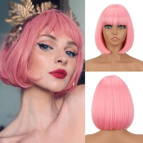 WERD Short Pink Bob Wig for Women Light Pink with Bangs Synthetic Hair Straight Bob Wig for Daily Party Cosplay | Amazon (US)