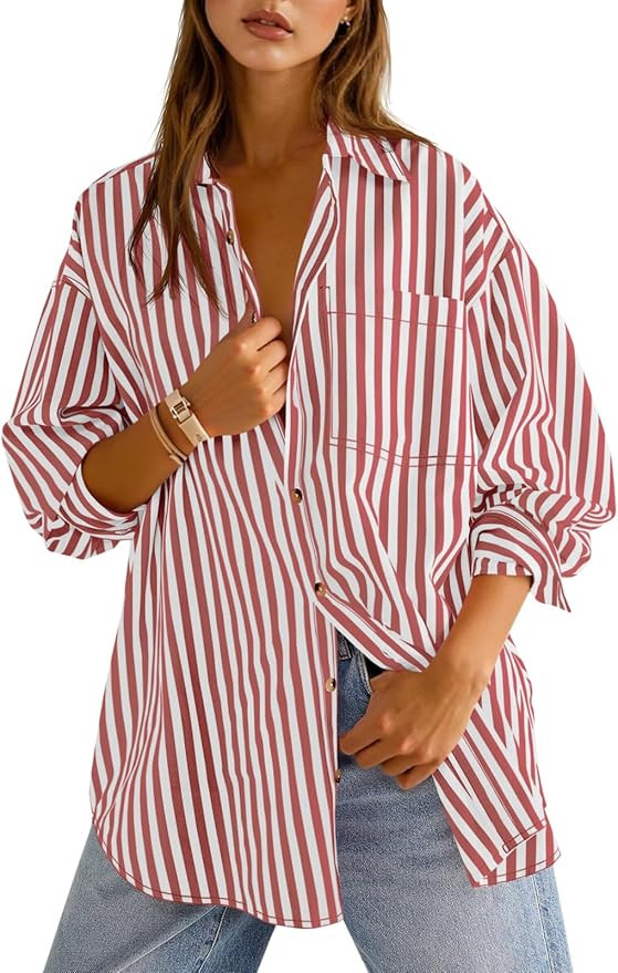 Cicy Bell Womens Oversized Striped Button Down Shirts Boyfriend Long Sleeve Collared Work Blouses | Amazon (US)