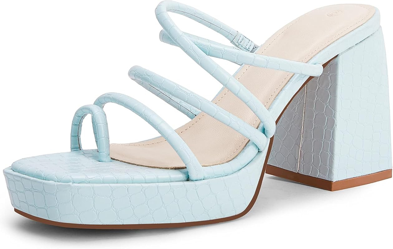 Rilista Women's Chunky Heels Strappy Platform Square Toe Block Heeled Sandals Slip On Mules | Amazon (US)