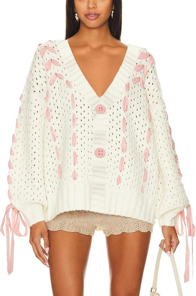 Women Y2K Bow Sweater Cardigan Sexy Lace Up V Neck Long Sleeve Pullover Top Cute Aesthetic Haraju... | Amazon (US)