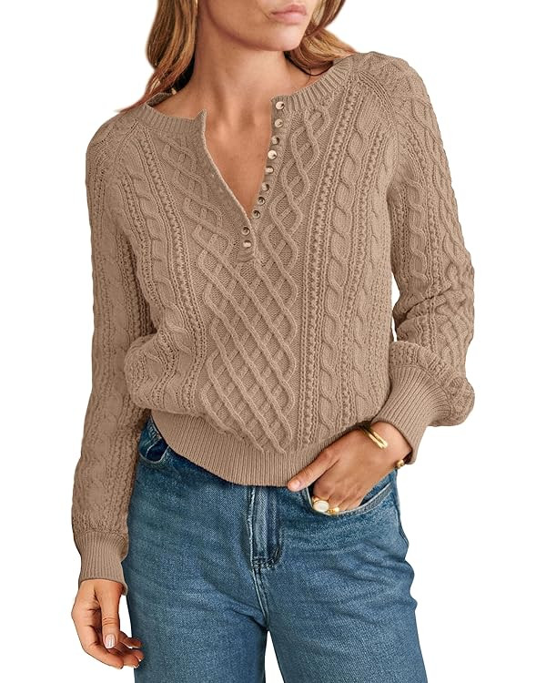 KIRUNDO Womens Sweaters 2024 Fall Winter Henley Long Sleeve Button Crew Neck Cable Knit Loose Cro... | Amazon (US)