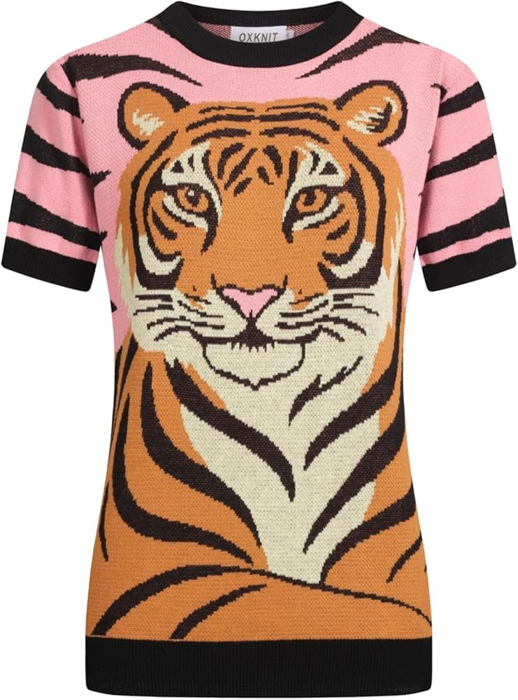 Knit T-Shirts for Women, Retro Tiger Pattern Short Sleeve Shirts Casual Crewneck Blouses Summer T... | Amazon (US)