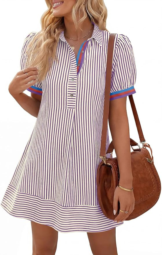 Wenrine Womens Summer Striped Mini Dresses Puff Short Sleeve Loose Fit Casual Button Collared Shi... | Amazon (US)