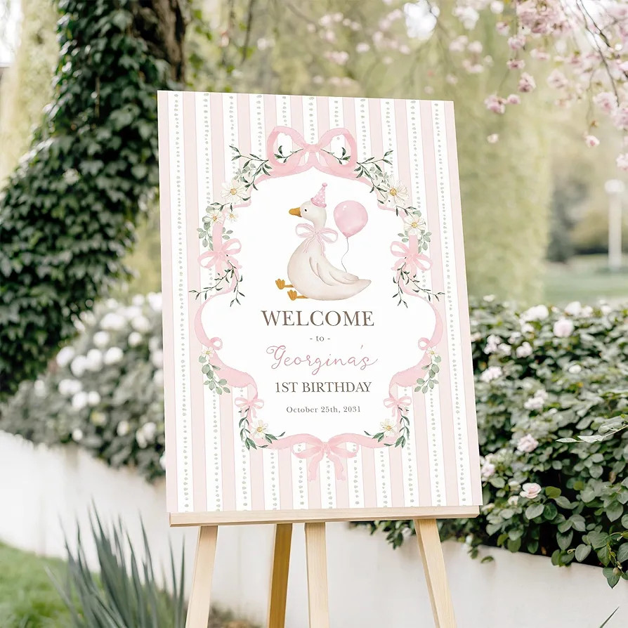 One Silly Goose Birthday Welcome Sign, Coquette Pink Bow Goose 1st Birthday Party Poster, Preppy Cottage Chic Decor | Amazon (US)