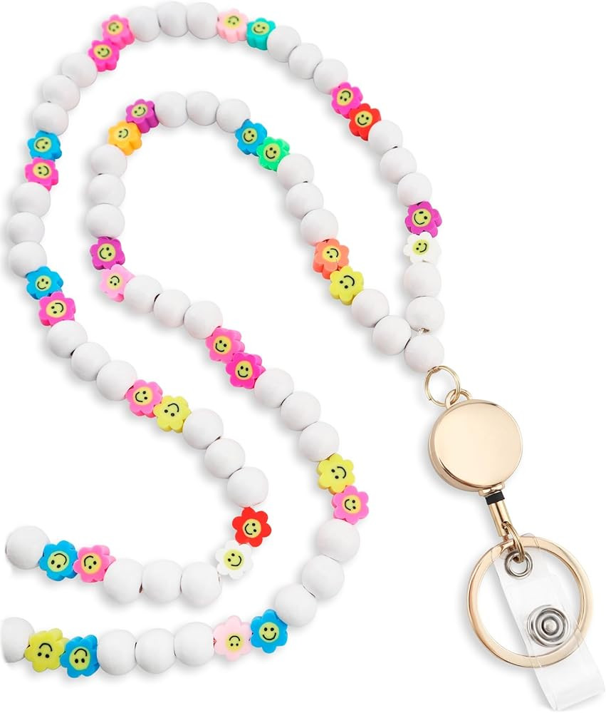 Smile Teacher Lanyard for Women with Retractable ID Badge Reel and Keychain Cute Beaded Lanyards ... | Amazon (US)