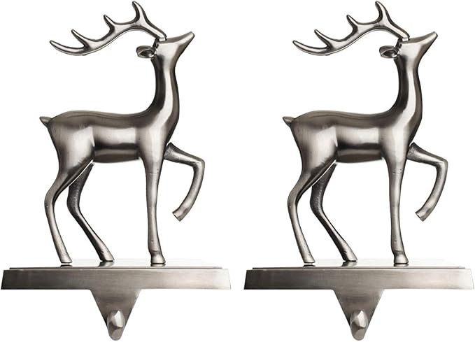 Klikel Stocking Holder Set of 2 - Christmas Reindeer Stocking Hanger For Mantel - Shiny Silver Me... | Amazon (US)