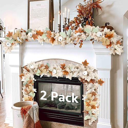 Neutral Fall Garland for Mantle Fireplace - 5.8Ft Outdoor Autumn Leaves Decor for Home Front Door with White Pumpkins Farmhouse Indoor Maple for Table Stairs Porch Thanksgiving Halloween Decorations | Amazon (US)