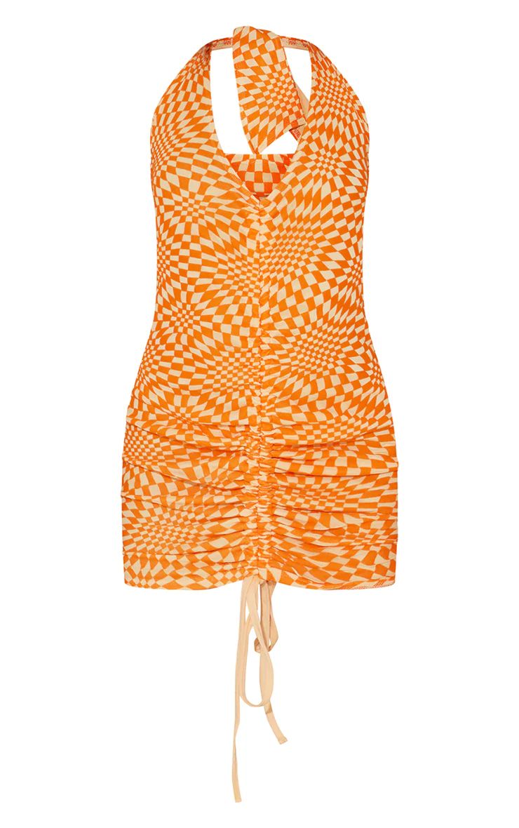 Orange Devore Mesh Ruched Cut Out Halterneck Bodycon Dress | PrettyLittleThing US