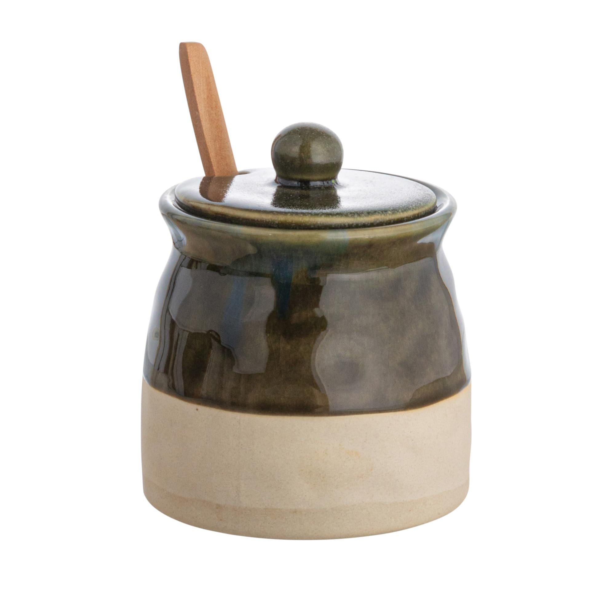 Creative Co-Op Stoneware Sugar Pot with Lid and Wood Spoon, White Glaze | Amazon (US)