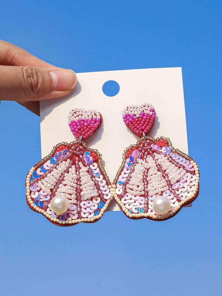 OOQ 1 Pair Handmade Beach Ocean Style Beaded Sea Animal Shell Earrings, Vintage Inspired Faux Pea... | SHEIN