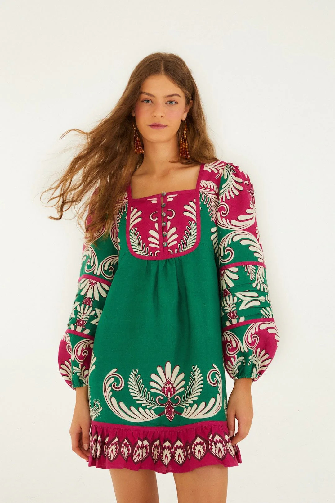 Multicolor Spring Arabesc Long Sleeve Euroflax Premium Linen Mini Dress | FARM Rio | FarmRio (US)