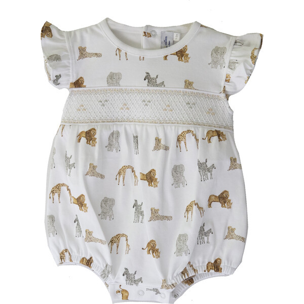 Safari Print Smocked Bubble, White | Maisonette