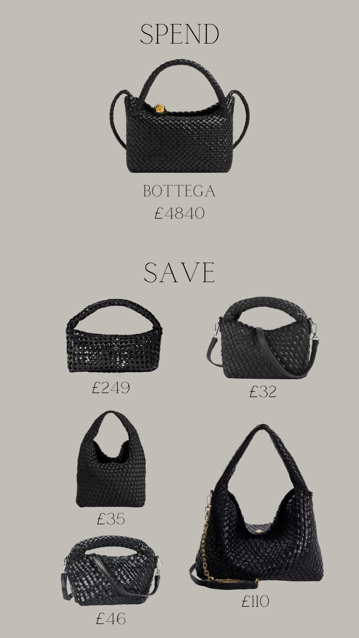 Spend or save 
I spotted this beautiful bottega bag yesterday in Harrods in London but I just can’t justify the price tag so I’ve found some similar alternatives 



#LTKuk #LTKbag #LTKluxury