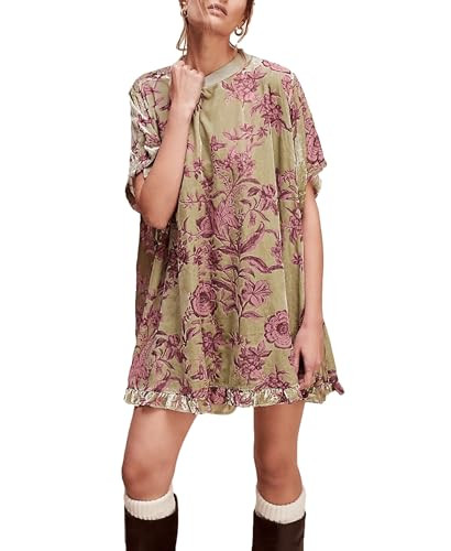 Women's Vintage Velvet Dress Round Neck Short Sleeve Floral Printed Mini Flowy Dress | Amazon (US)