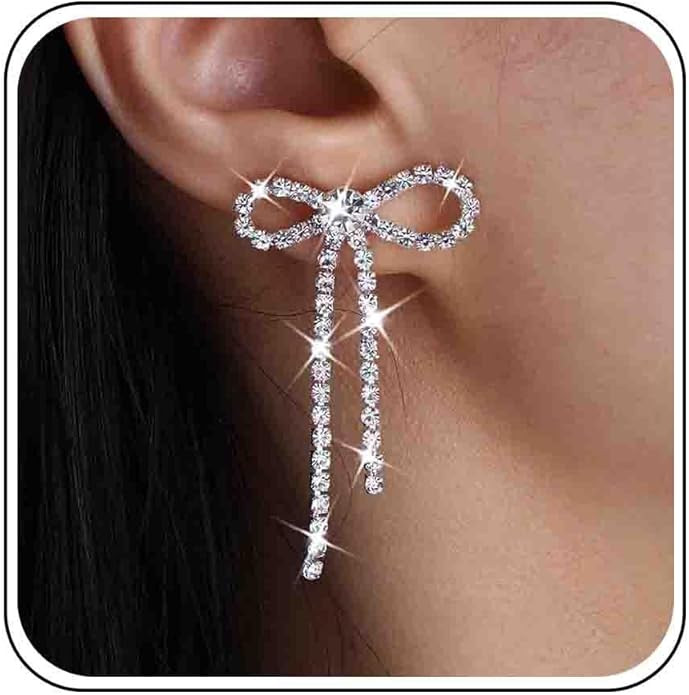 Rhinestone Bow Earrings Silver Crystal Bow Drop Earrings Long Rhinestone Tassel Earrings Long Ten... | Amazon (US)