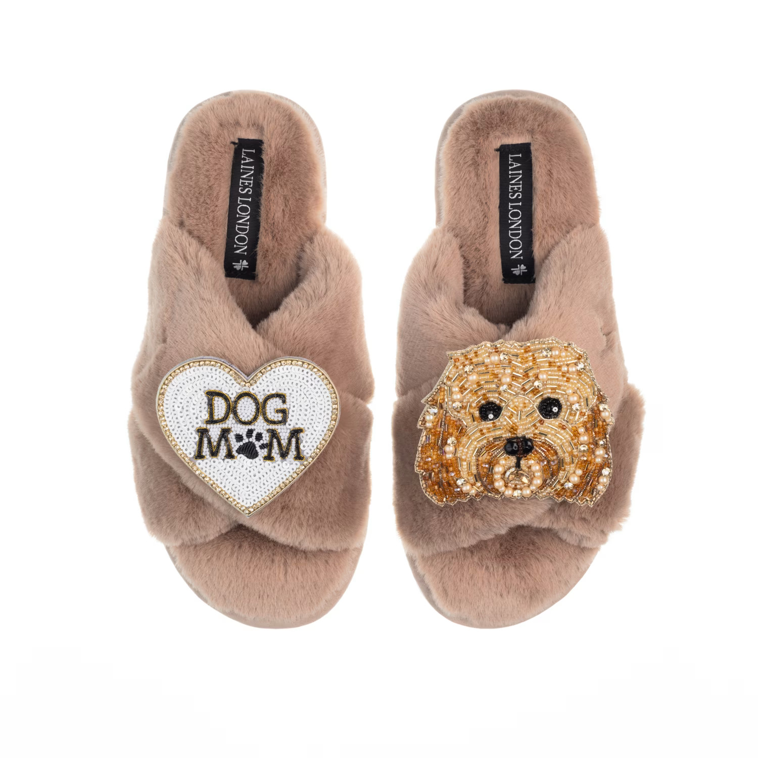 Classic Laines Slippers With Enki-Doo & Dog Mum / Mom Brooches - Toffee | Wolf & Badger