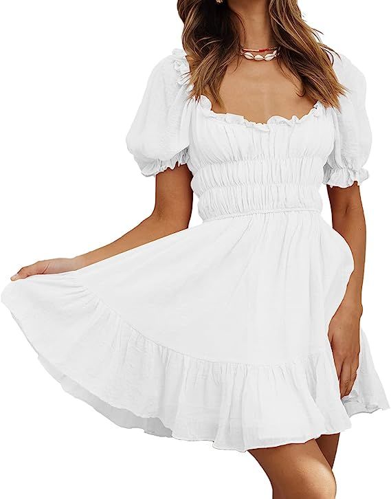 Merzhiiry Smocked Puff Sleeve Square Neck Dress for Women Ruffle Flowy Swing Tiered A Line Short ... | Amazon (US)