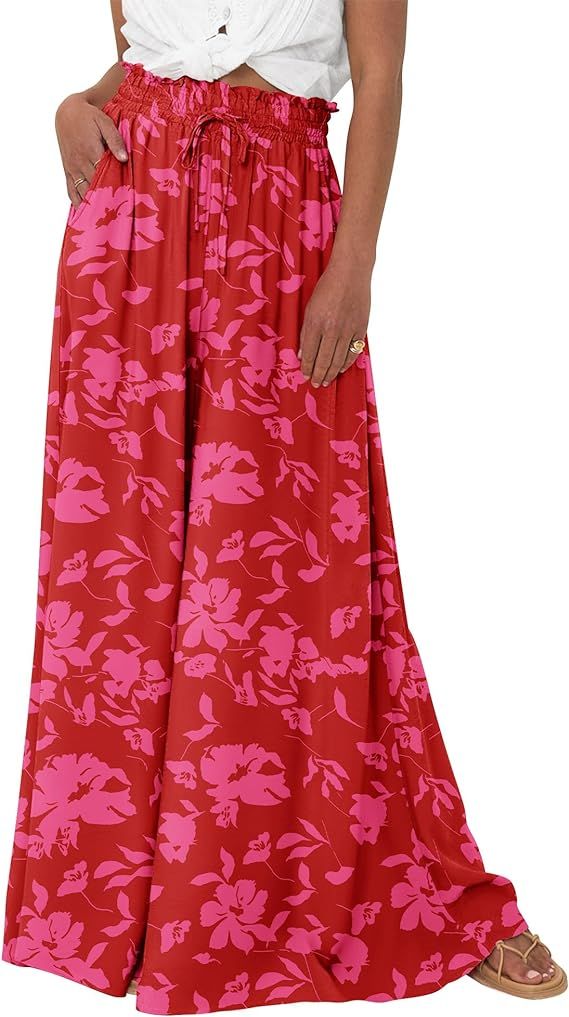 BTFBM Women Casual High Waist Wide Leg Pants Summer Floral Solid Long Palazzo Pants Lounge Beach Trousers with Pocket | Amazon (US)