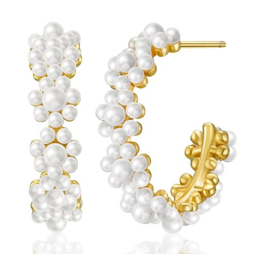 SWEETV Pearl Earrings for Women, 14K Gold Plated Small Pearl Hoop Earrings, Open Huggie Earrings Chunky Hoops Jewelry Gift for Women | Amazon (US)