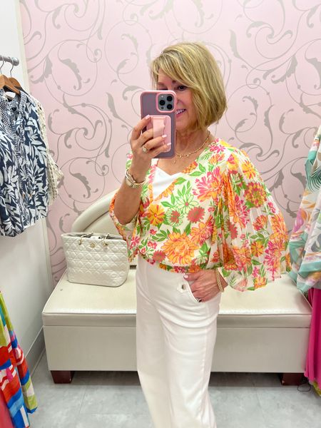 This top is a keeper for sure!! Love all the fun color and the pretty statement sleeves. Pair it with white pants for a stunning spring look!
Summer Outfit, Vacation Outfit 

#LTKstyletip #LTKfindsunder50 #LTKsalealert