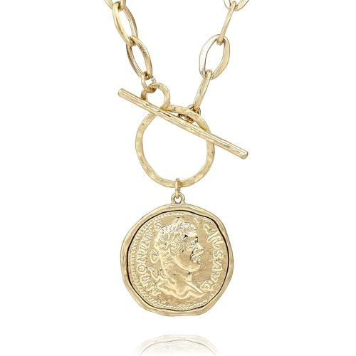 POMINA Chunky Gold Coin Necklace for Women Trendy Fashion Statement Toggle Necklace Worn Gold Tone Pendant Necklace Women Jewelry Gifts (Worn Gold) | Amazon (US)