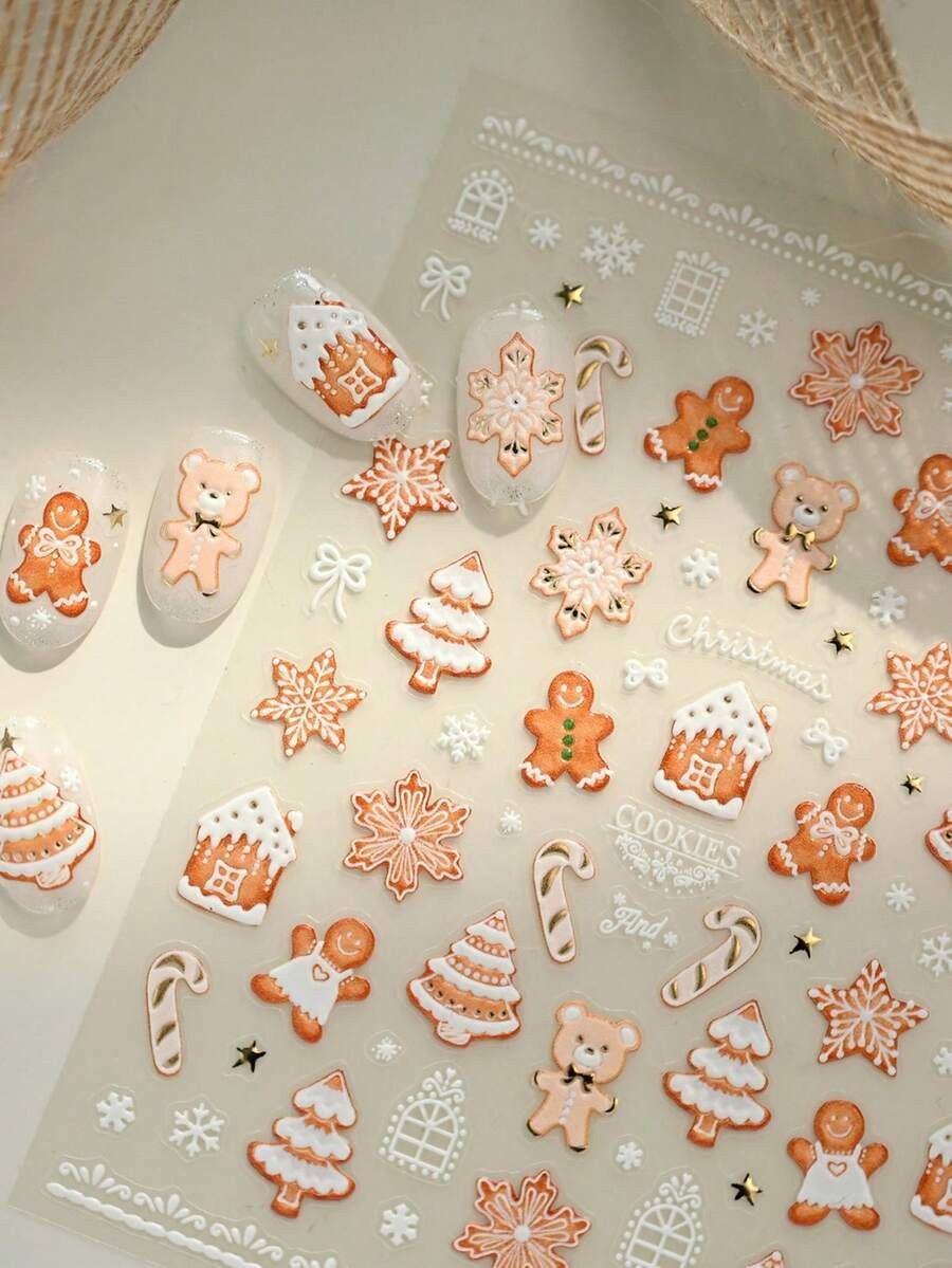 Cute Christmas Bear Nail Stickers Gold Stamping Embossed Tree Snowflake House Bow Snowman 5D Fest... | SHEIN