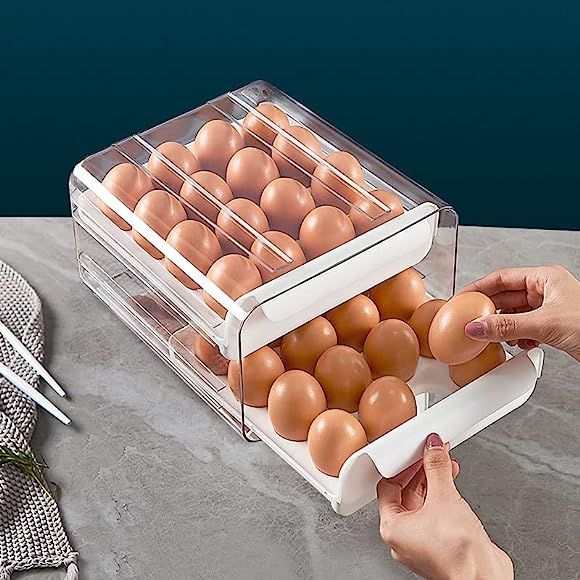 32 Grid Egg Container for Refrigerator, Double-Layer Egg Holder Egg Tray, Stackable Clear Egg Org... | Amazon (US)