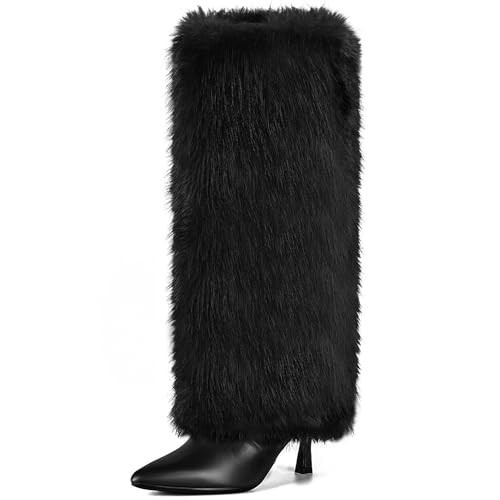 QLR Womens 3.3-inch Kitten Heel Knee High Fur Boots Furry Fuzzy Fluffy Pointed Toe Boots for Women Tall Wide Calf Fall Winter Snow Fold Over Boot with Side Zipper | Amazon (US)