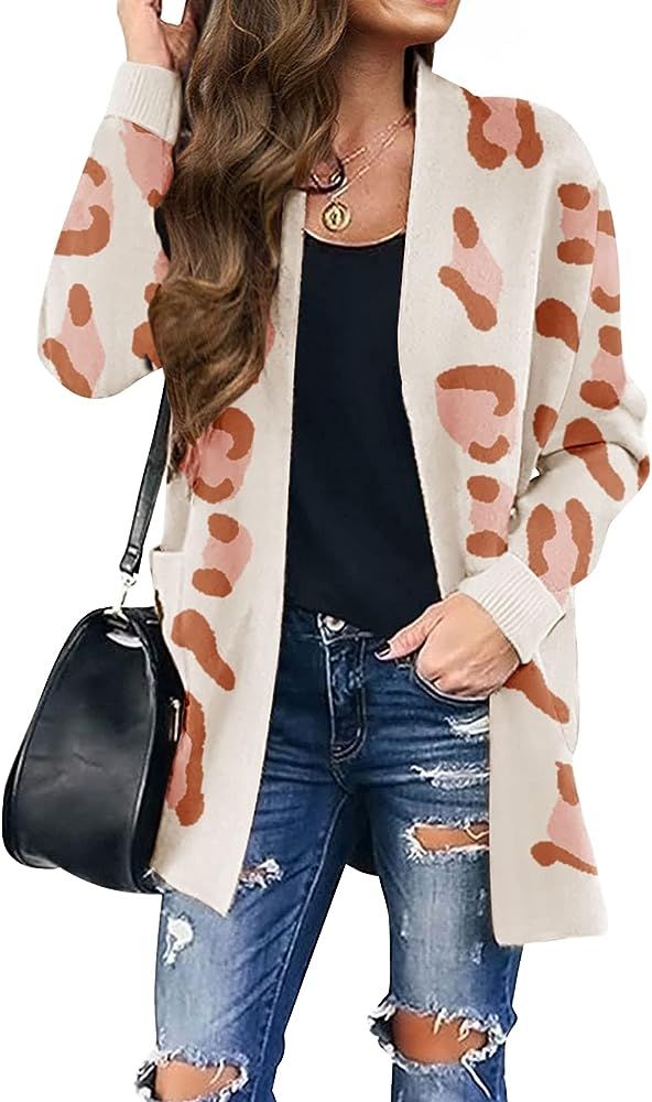 ZESICA Women's Long Sleeves Open Front Leopard Print Knitted Sweater Cardigan Coat Outwear with Pock | Amazon (US)