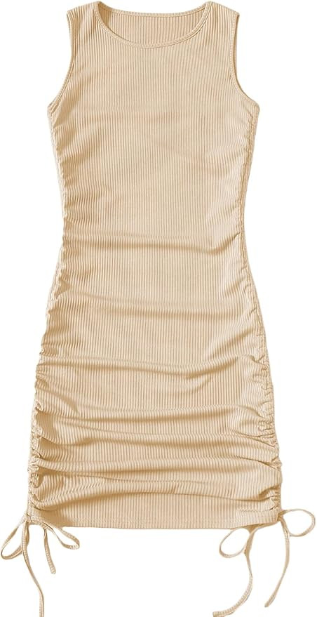 SheIn Women's Ruched Sleeveless Mini Bodycon Dress Drawstring Tie Side Round Neck Short Dresses | Amazon (US)
