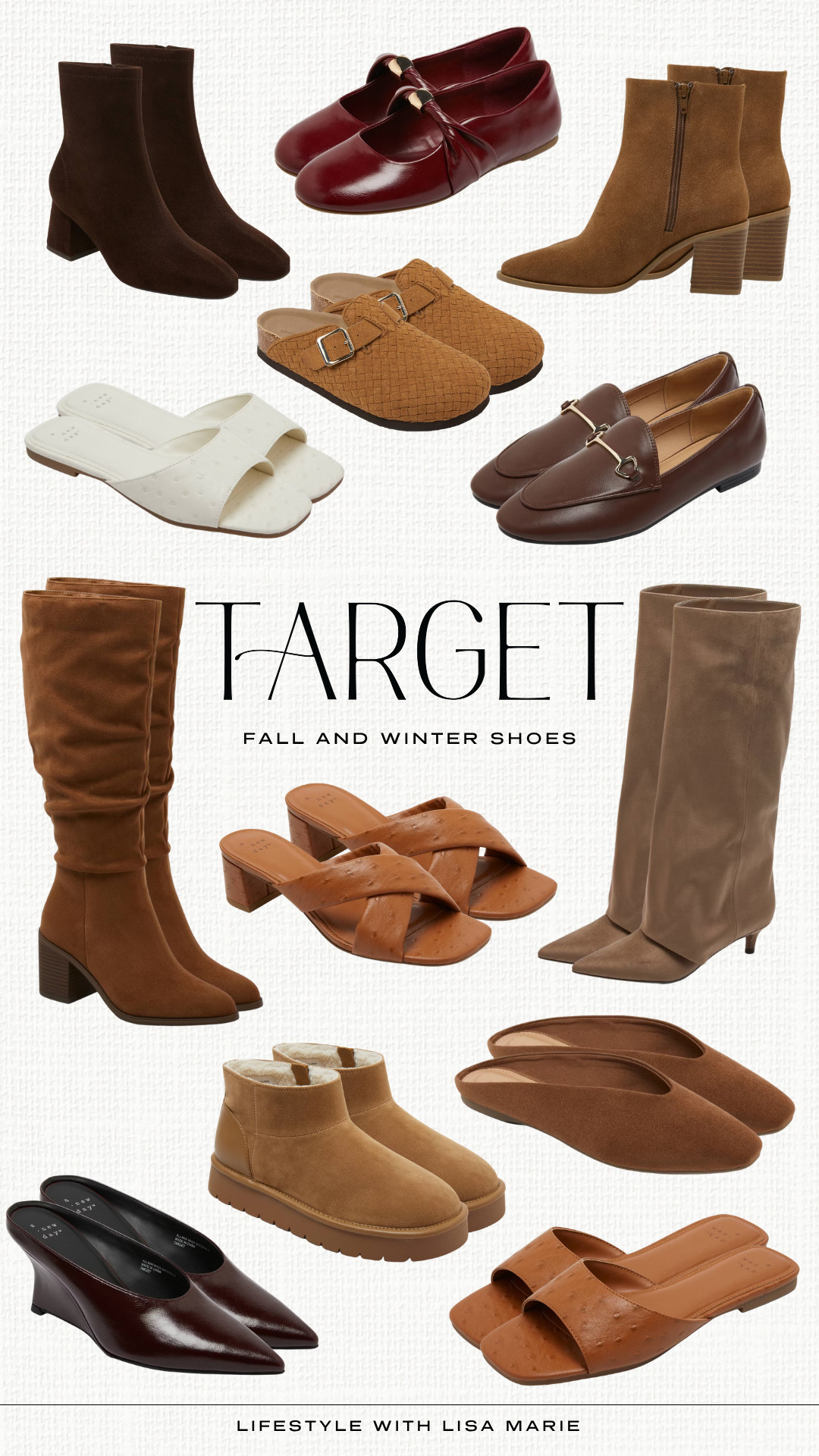 Target fall and winter shoes. Ankle and knee high height boots. Suede booties. Elevated casual shoes. Business casual slides. Loafers and mules. Fall flat slides. Fur lined winter boots. Wedges. Brown, tan and burgundy shoes.  

 #LTKootd #LTKSeasonal #LTKPetite