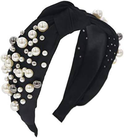 MHDGG Pearl Headbands for Women,Beaded Knot Headband White Yellow Faux Pearl Hairbands Wide Hairband | Amazon (US)