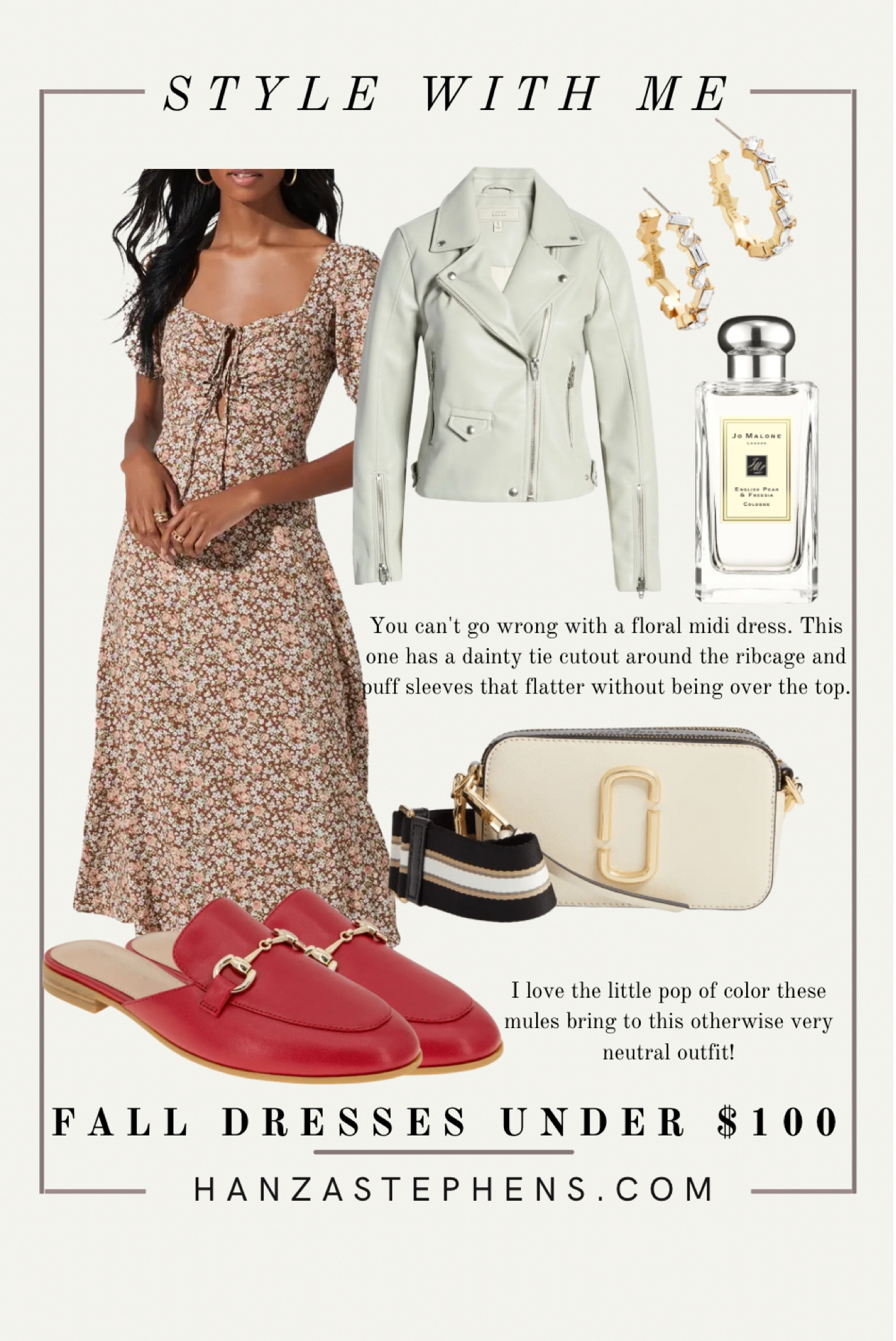 You can't go wrong with a floral midi dress. This one has a dainty tie cutout around the ribcage and puff sleeves that flatter without being over the top. Pairing a leather jacket (this one is under $100) with a floral dress adds some contrast, which I love. 

I love the little pop of color these mules bring to this otherwise very neutral outfit!


#LTKunder100 #LTKstyletip #LTKSeasonal