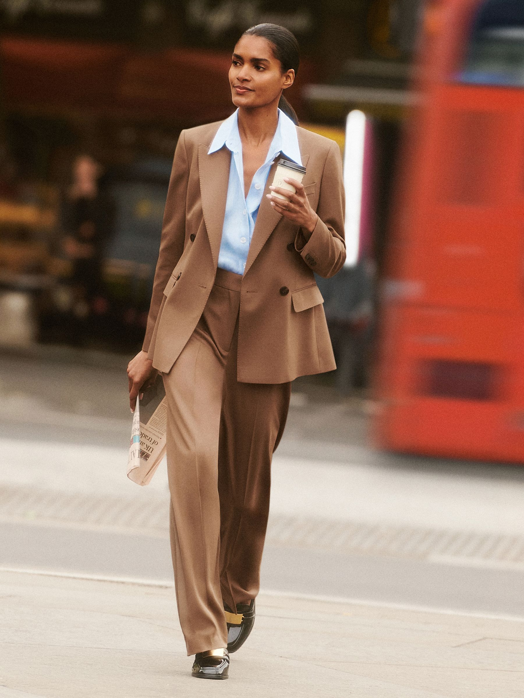 Reiss Wool-Blend Wide-Leg Suit Trousers in Tan - REISS | Reiss UK