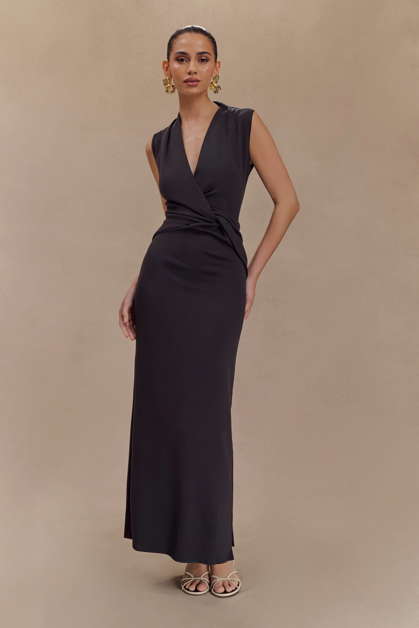 Lorelei Crepe Twist Midi Dress - Dark Charcoal | MESHKI US