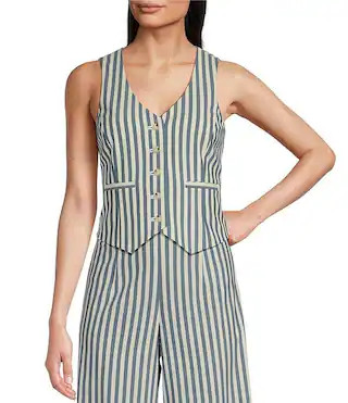 Alex Marie Brooke V-Neck Stretch Linen Blend Button Front Coordinating Vest | Dillard's | Dillard's