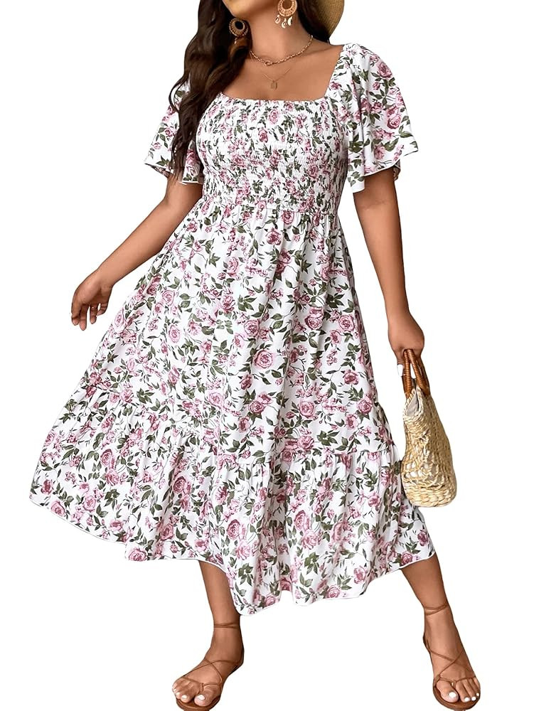 Floerns Women's Plus Size Floral Print Tie Front Square Neck Slit Hem Midi Dress | Amazon (US)