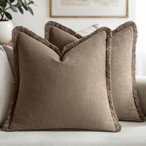 MIULEE Decorative Throw Pillow Covers Neutral Linen Fringe Throw Pillows Set of 2 Cocoa Brown Boh... | Amazon (US)