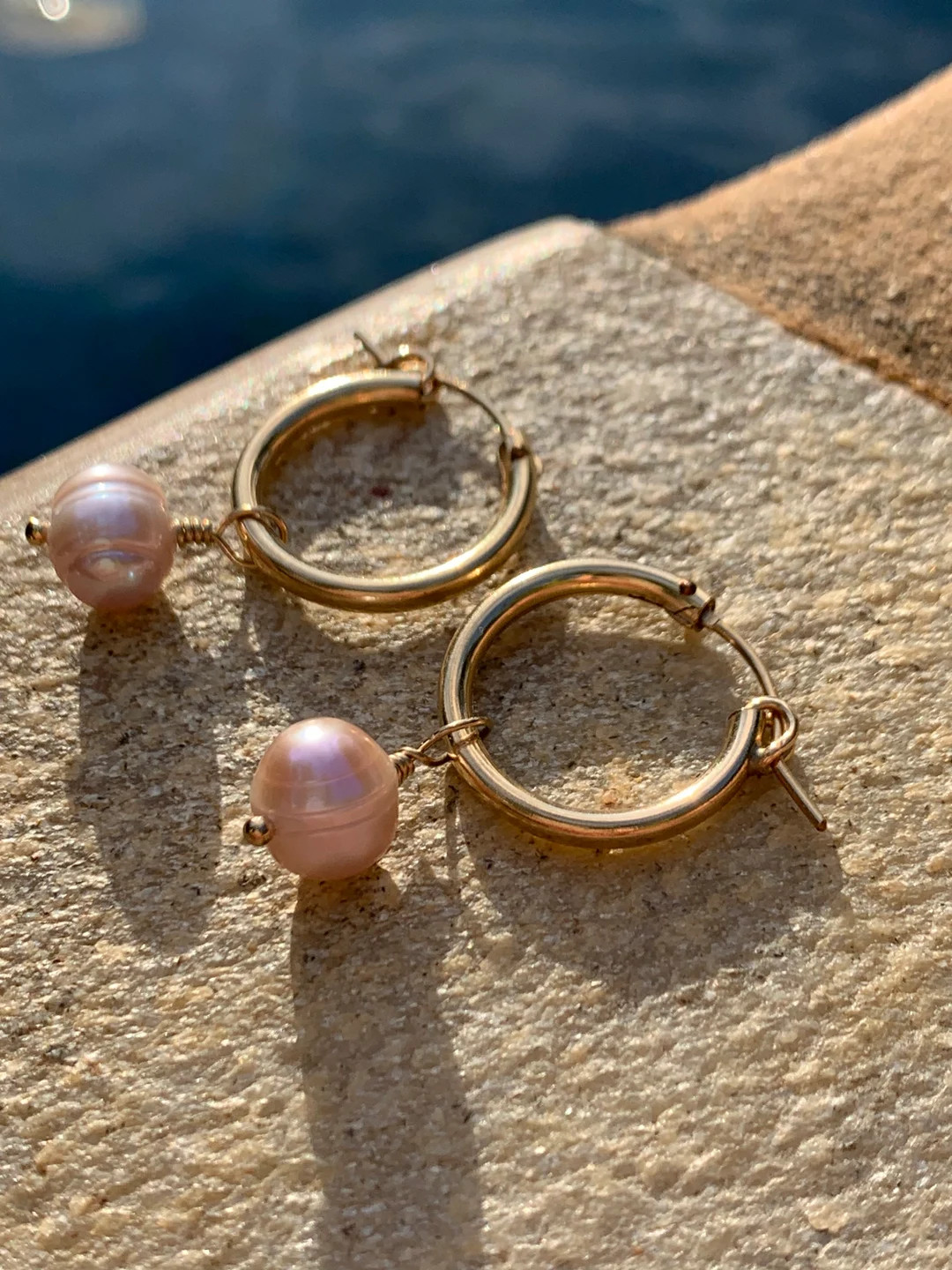 Love Collection: Pink Pearl Earrings, 14K Gold-filled Hoops, Gold Hoops, Pearl Huggies, Pink Pear... | Etsy (US)